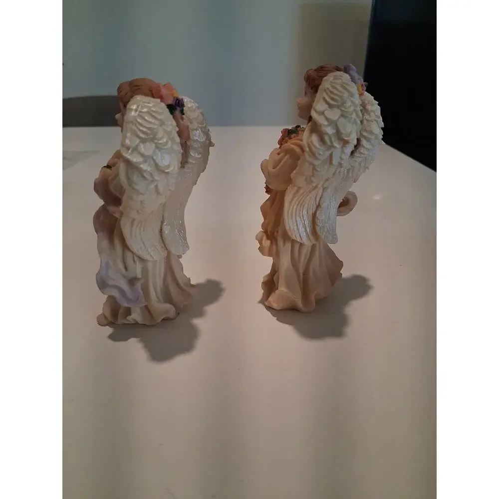 Vintage Resin Angel Figurines Lot Of 2 Guardian Angels With Flowers Basket...
